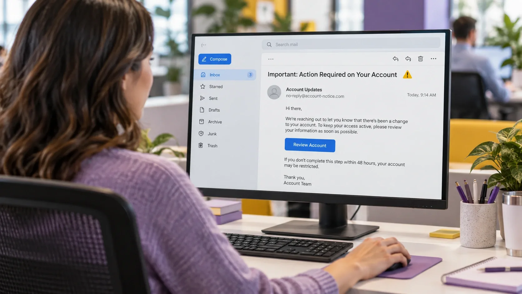Employee pausing before opening a suspicious email, illustrating phishing awareness training in practice