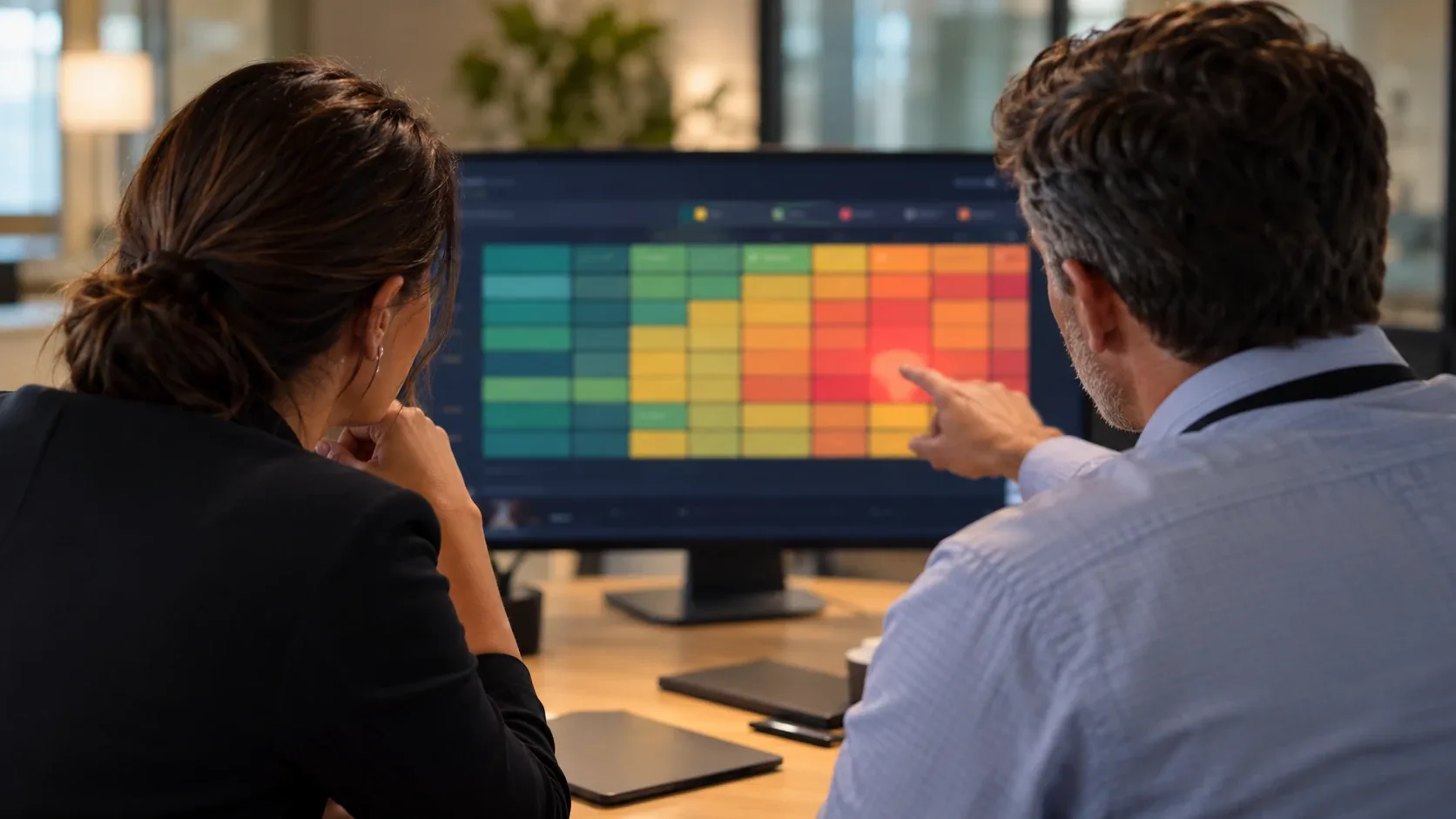 WHS manager and team leader reviewing a workload heatmap during a psychosocial hazards compliance assessment