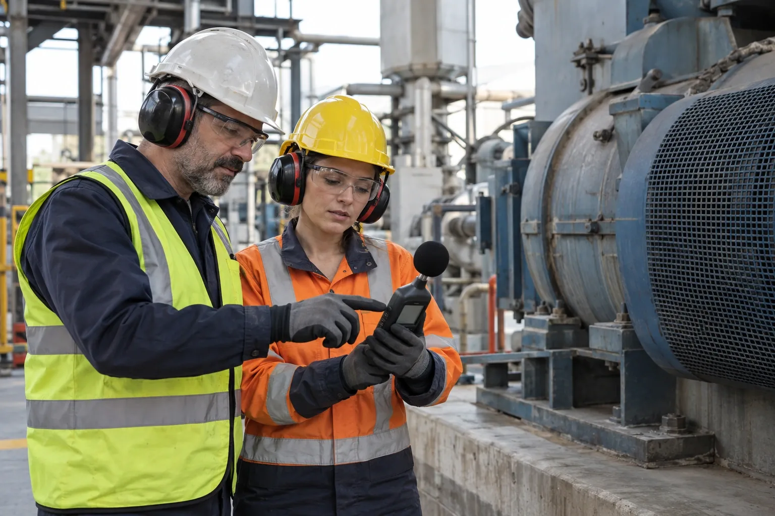 Supervisor checking noise controls with a worker during a National Safe Work Month 2026 WHS review