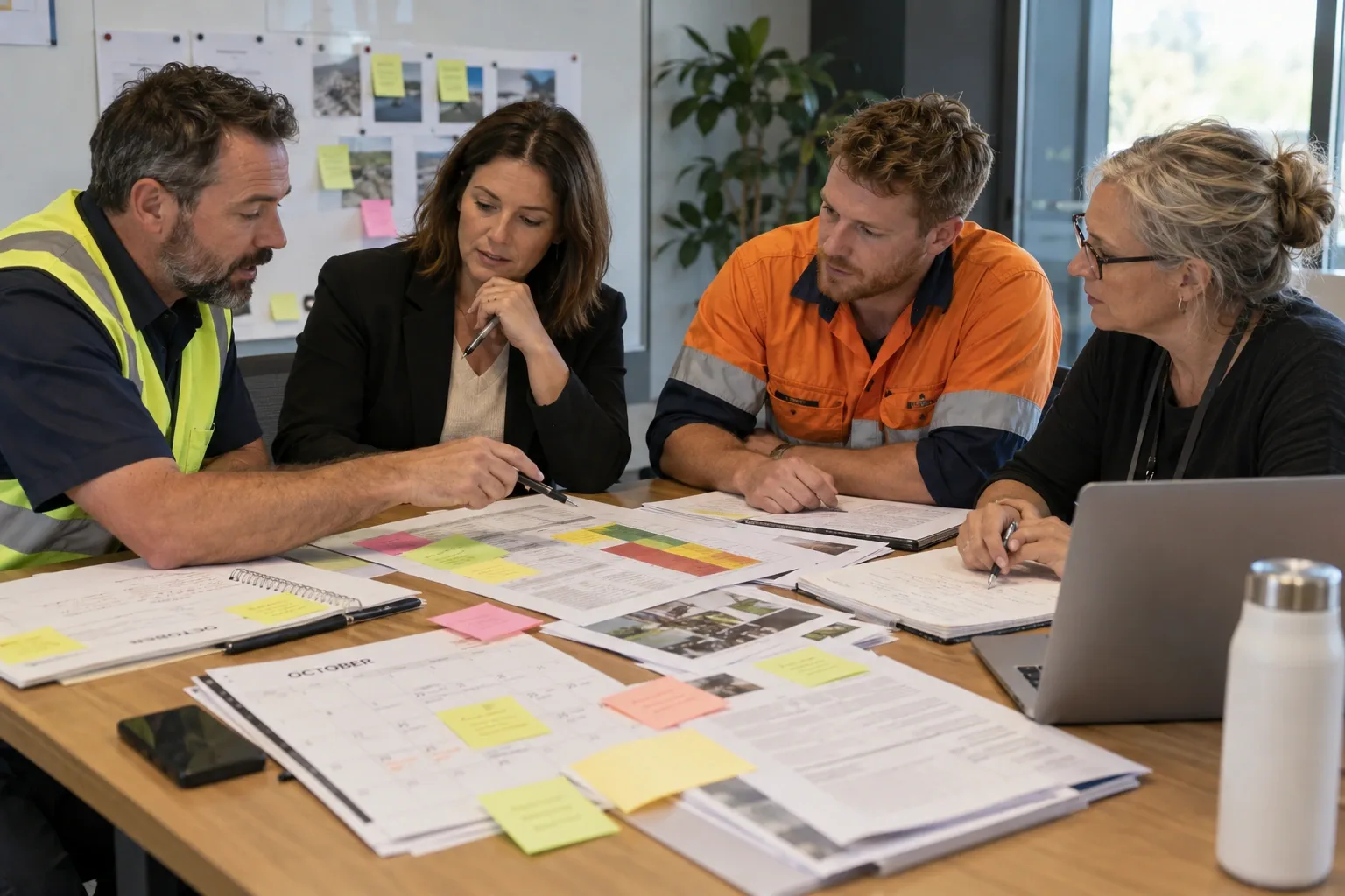 WHS team planning National Safe Work Month 2026 actions around a hazard framework and risk register